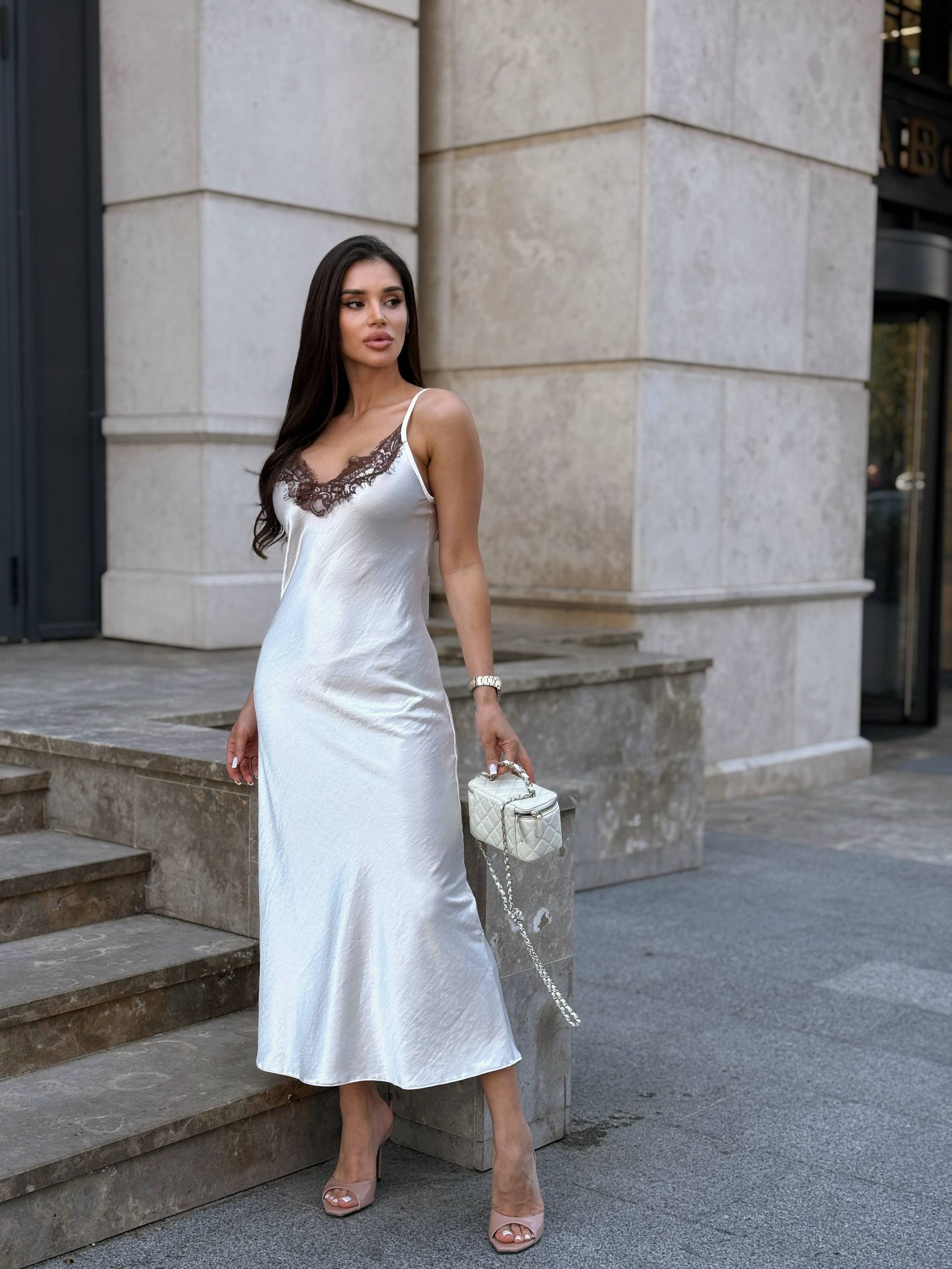 Champagne Lace Satin Dress M